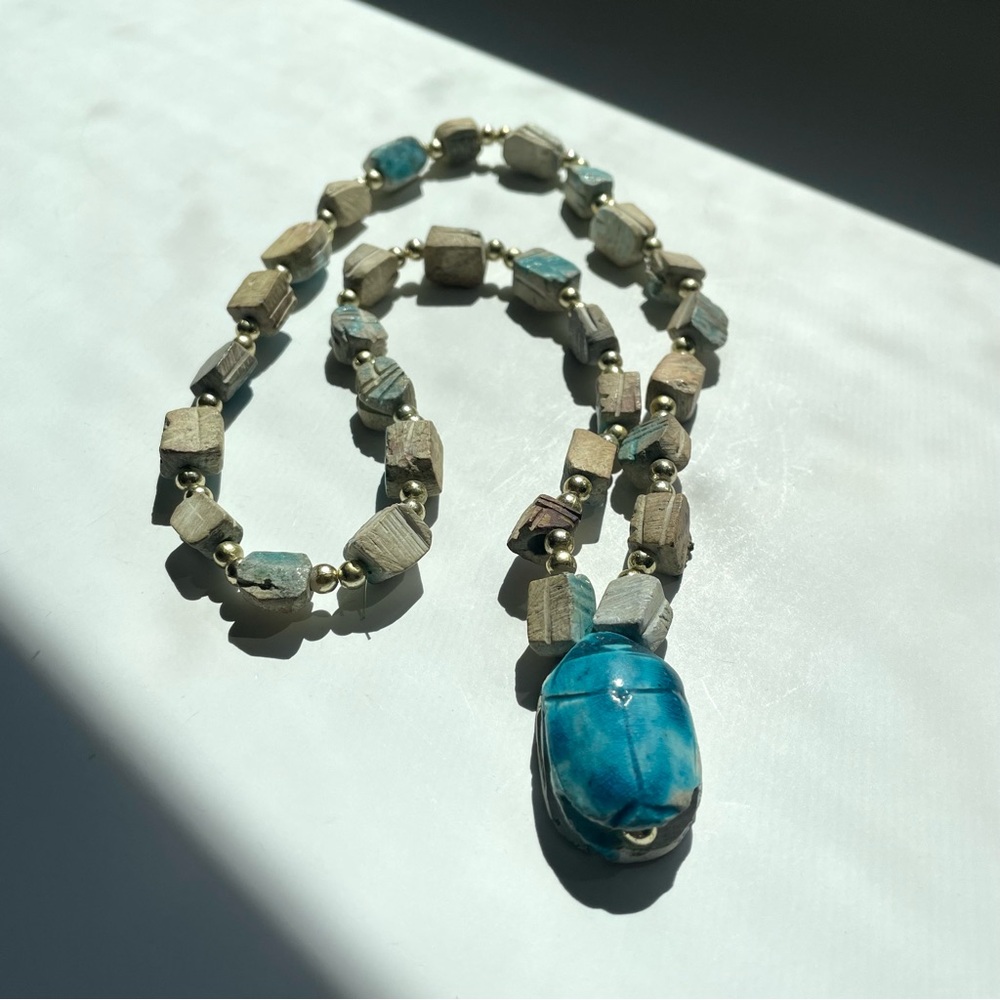 Vintage faience pottery scarab necklace Egyptian Revival